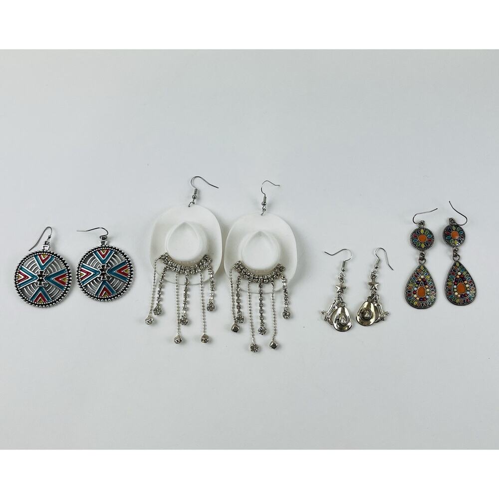 Lot of 4 Western Earrings Pierced Cowboy Hat Boots Southwest Costume Rodeo Rhine
